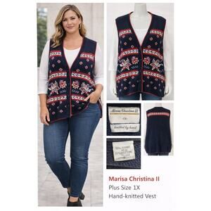 Marisa Christina II Hand Knit Vest 1X Folk Nordic Fair Isle Ramie Cotton